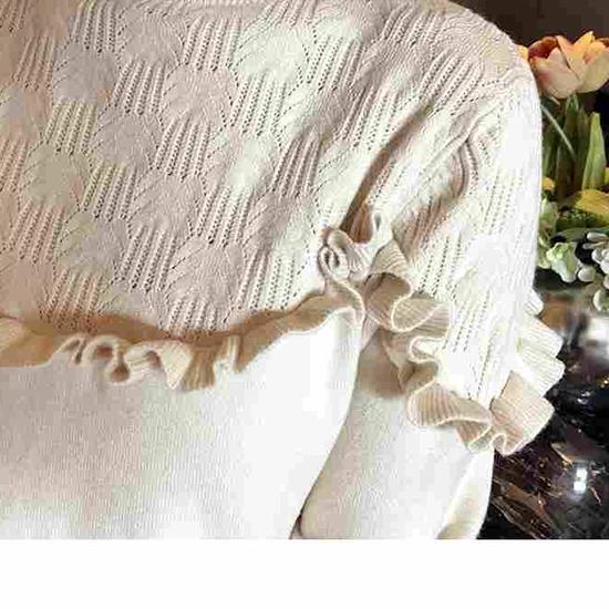 Pofulove Girly Ruffles Neck V-shaped Lace Knitwear Skin-friendly High Elastic Women Jumper Sweater