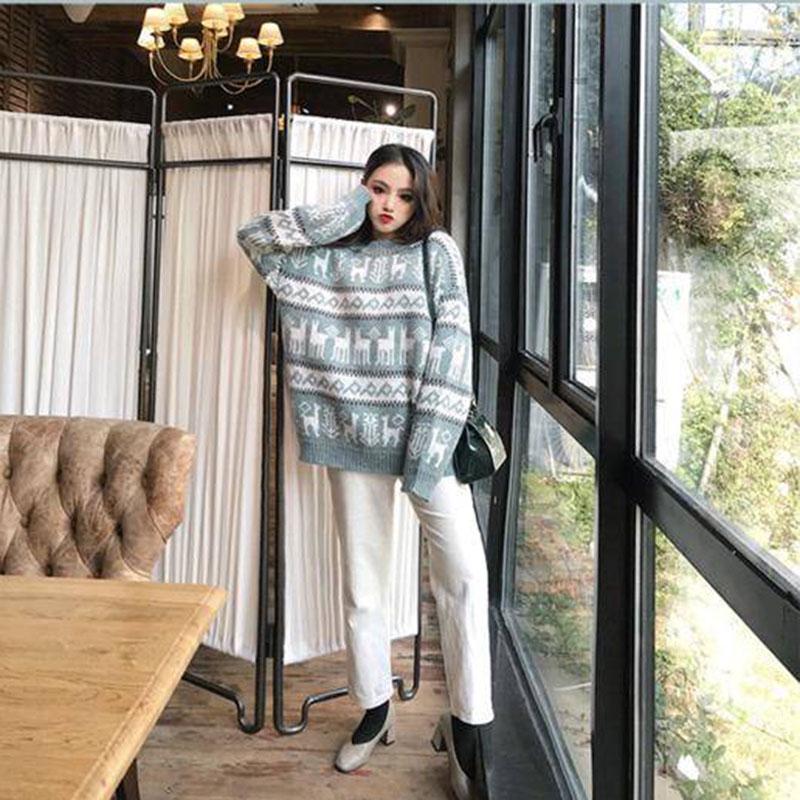 Retro loose mid-length women pullover christmas thickened red O-neck printing sweater jumper Winter