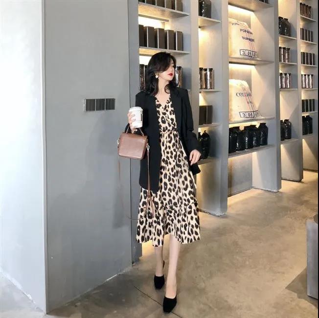 Women's Summer Leopard Print Mid-length Dress Lapel Long-sleeved Lace-up Ruffled Bohemian Beach Long Shirt