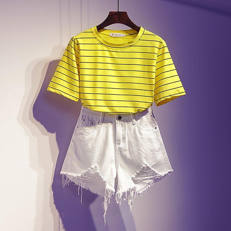 Fashion Summer T-shirt Set Loose Striped T-shirt Denim Short Two-piece Set Women Shorts Set Outfits