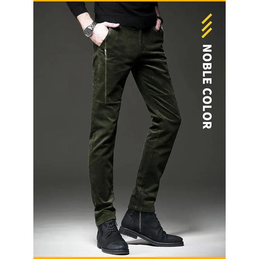 Men's Autumn and Winter Corduroy Casual Pants Slim-fit Pants with Small Feet Male Straight-leg Korean Style Trousers Business Streetwear Elastic Waist