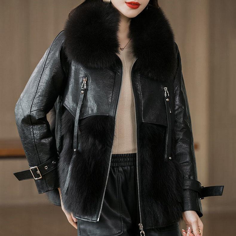 Women's Winter Large Size Fur Coat Female Solid Color Long Sleeve Fox Fur Leather Jackets