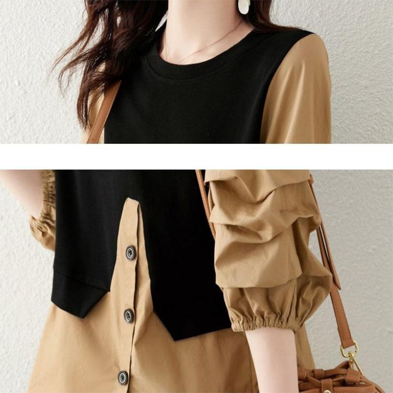 Fake Two-piece Top Shirt Black and White Three-quarter Sleeves Loose All-match Plus Size Women's Clothing