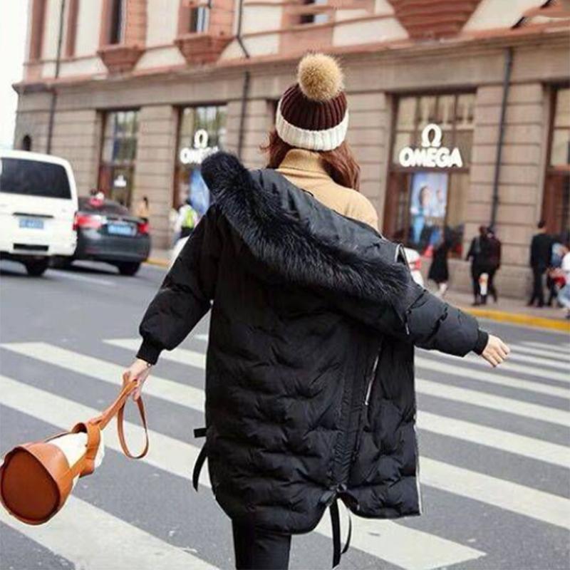 Women's Solid Color Embroidered Down Jacket Mid-length Korean Style Loose Thick Coat Warm Cotton Coat Large Fur Collar Winter Quilted Jacket