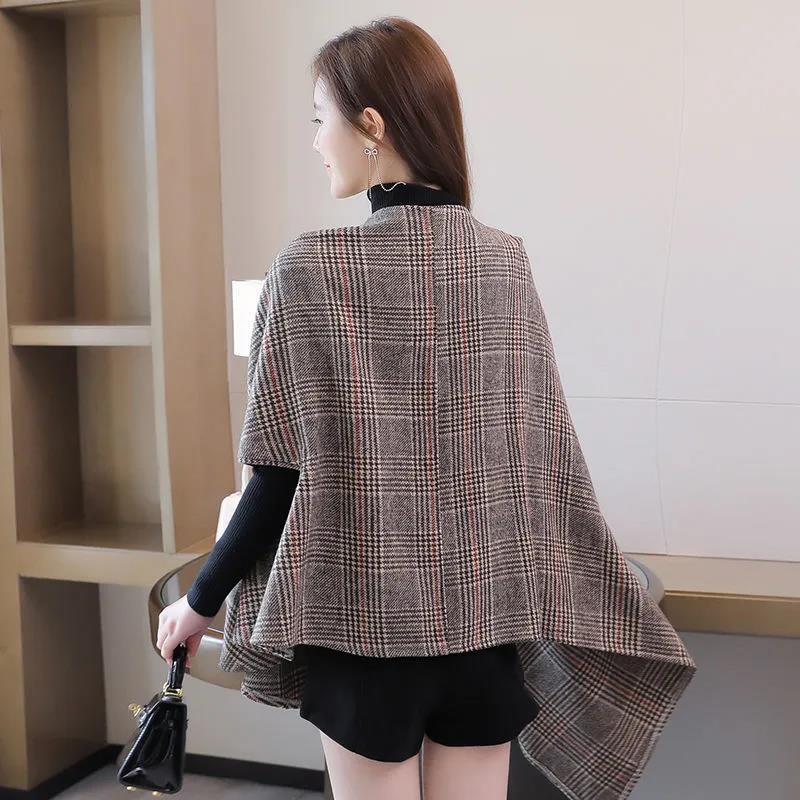 Plaid Shawl Cloak Spring and Autumn Women's Double-sided Woolen Coat British Style Retro Temperament Asymmetric