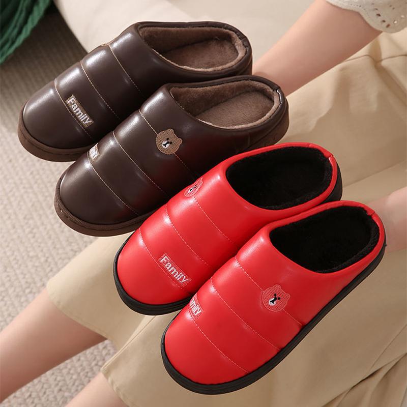 Cotton Slippers Women Winter Indoor Thick-soled Anti-skid Home Couple Models PU Surface Waterproof Warm and Velvet Slippers Men's Slippers