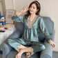 Women's Long Sleeve Silk Polyester Pajamas Spring Autumn Sexy Ladies Ice Silk Thin Lace Homewear Set Loose Breathable Pyjamas Solid Glossy Nightgowns