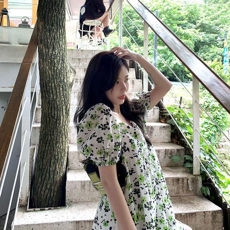 Female Vintage High Waist Super Fairy Holiday Dress Elegant Slim Chiffon Floral Print Short Dress