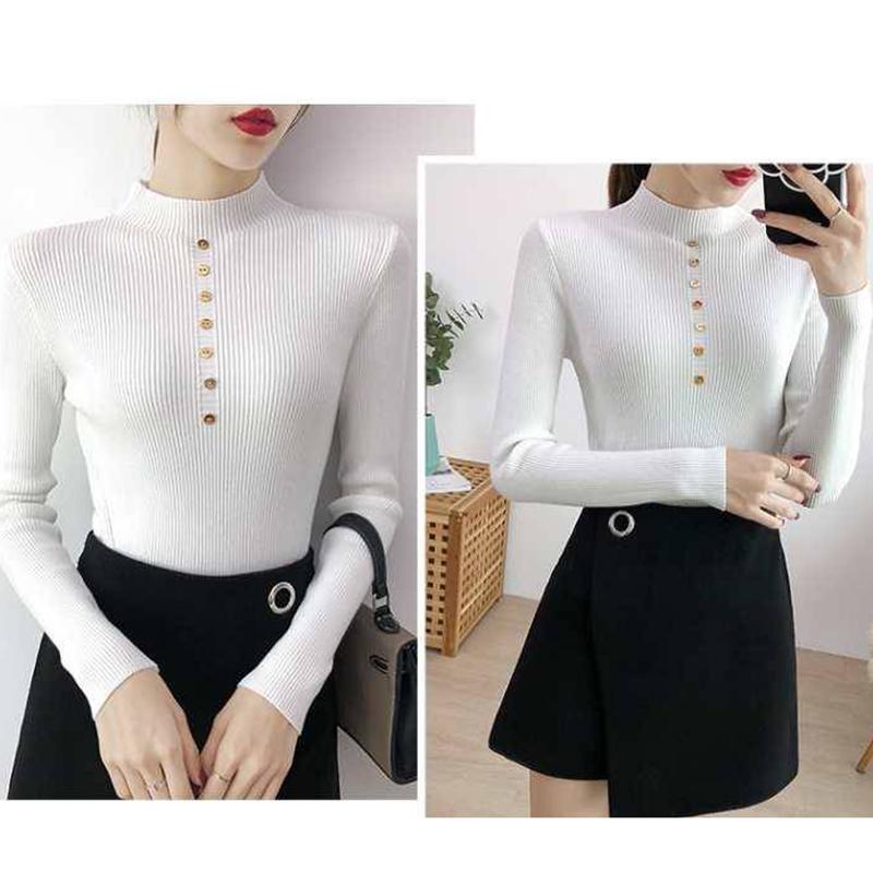 Women's sweaters with buttons long sleeve tight-fitting slim Turtleneck sweater warm winter