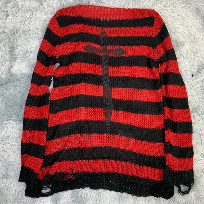Punk Gothic Long Sweater Dress Plus Size Hollow Out Hole Destroy Pullover Jumper New Oversized Hip Hop Harajuku Striped Sweaters Hip Hop Streetwear