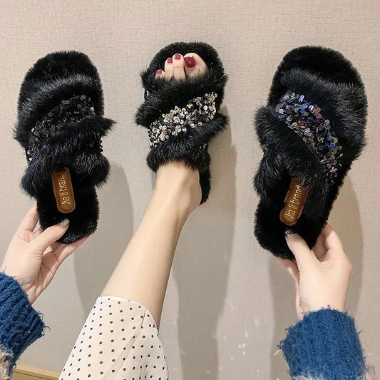 Ladies Cotton Slippers Shiny Flat Shoes Autumn and Winter Warmth Fluffy Casual Fashion