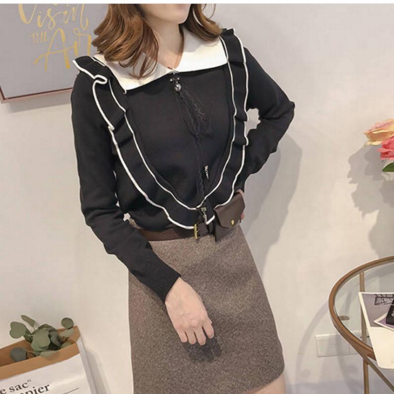 Pofulove sweater women's new Korean sweater loose lapel autumn and winter fungus sweet college style