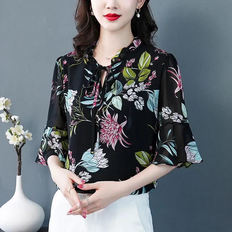 Summer Chiffon Shirt Women's Loose Plus Size Printed Shirt Doll Collar Top