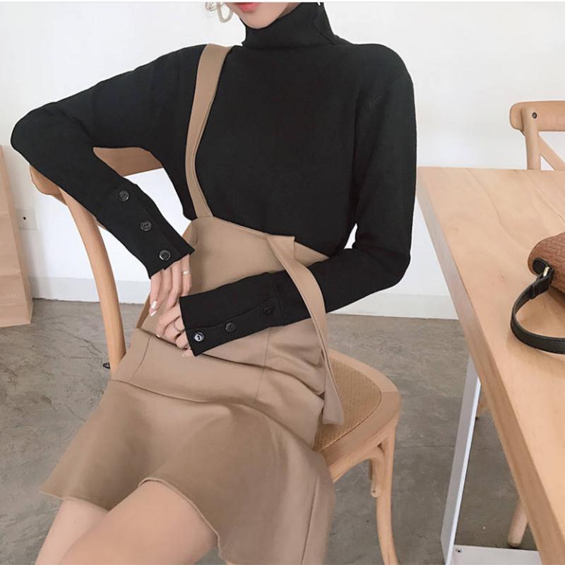 Pofulove Shirt Stacked Collar Black Long Sleeve Thicken Pullover Sweater Turtleneck Bottoming