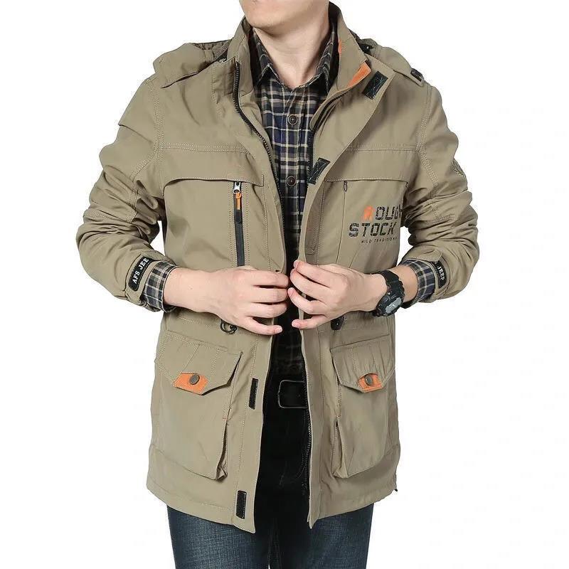 Autumn and Winter Thickened Jacket Men's Outdoor Leisure Multi-pocket Mid-length Jacket Large Size Waterproof Men's Jacket