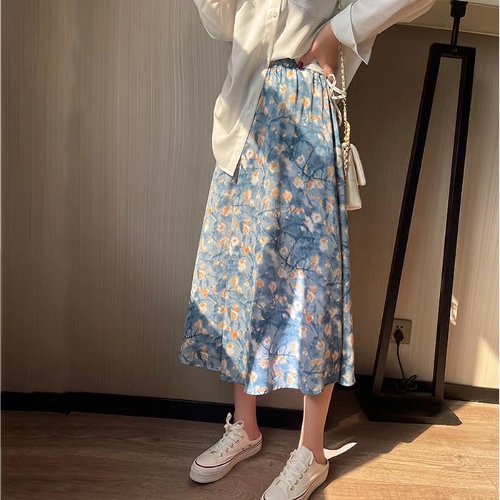 Women's  Floral Skirt Oil Painting Style Summer  High Waist Mid-length A-line Draping Fairy Dress
