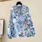 Floral Chiffon Puff Sleeve Top Thin Chiffon Shirt Women's Loose Casual Top Stand Collar Long Sleeves