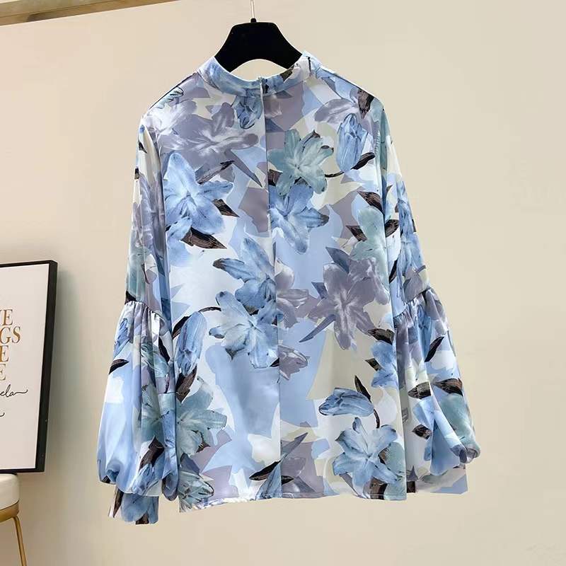 Floral Chiffon Puff Sleeve Top Thin Chiffon Shirt Women's Loose Casual Top Stand Collar Long Sleeves