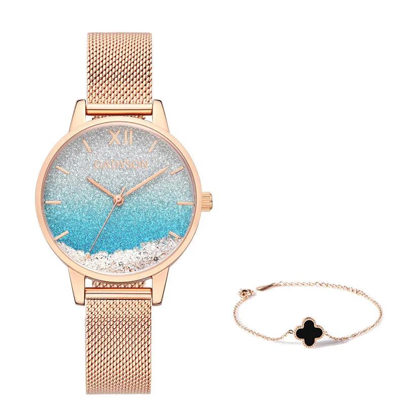 Women's Quicksand Starry Flash Diamond Quartz Watches Gradient Quartz Wrist Bracelet Watch Luxury French Niche Waterproof Watch