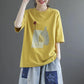 Cotton Retro Print Round Neck Short Sleeve T-Shirt Girls Summer Large Size Loose Casual Top