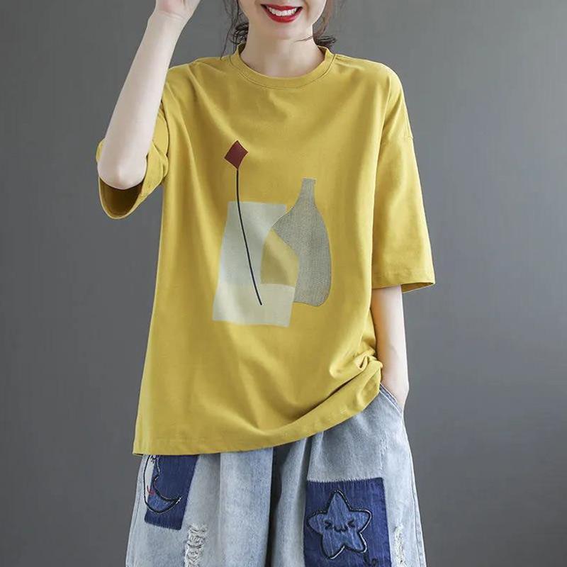 Cotton Retro Print Round Neck Short Sleeve T-Shirt Girls Summer Large Size Loose Casual Top