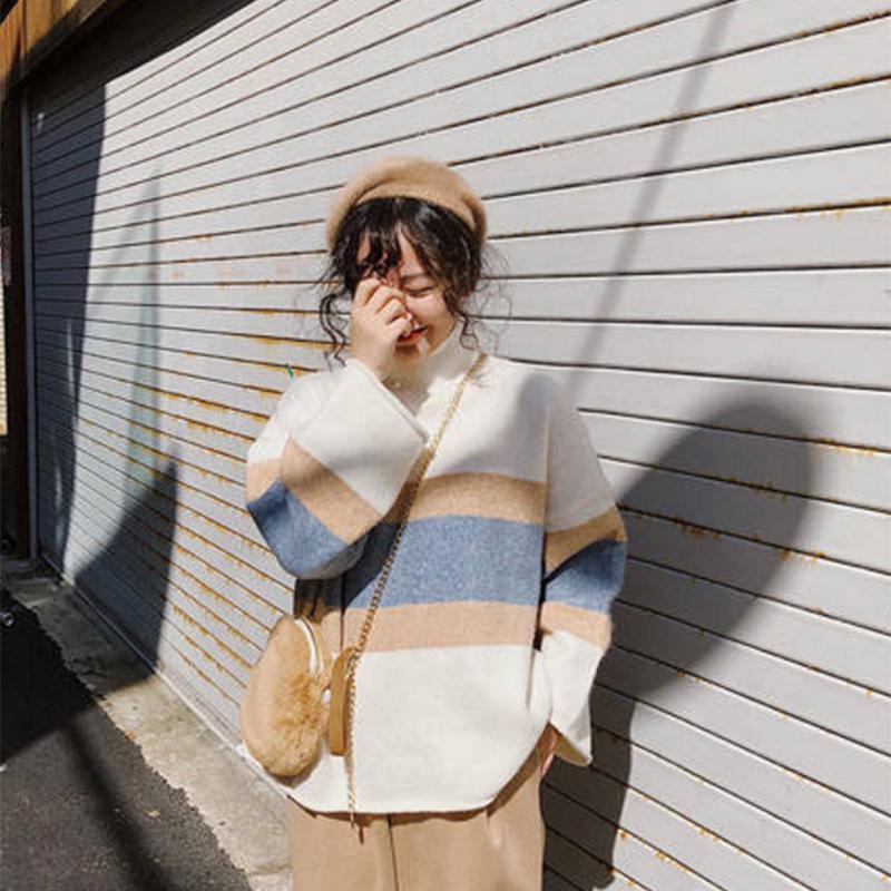 Pofulove small fresh cute female thick sweater women loose wild sweater striped shirt women