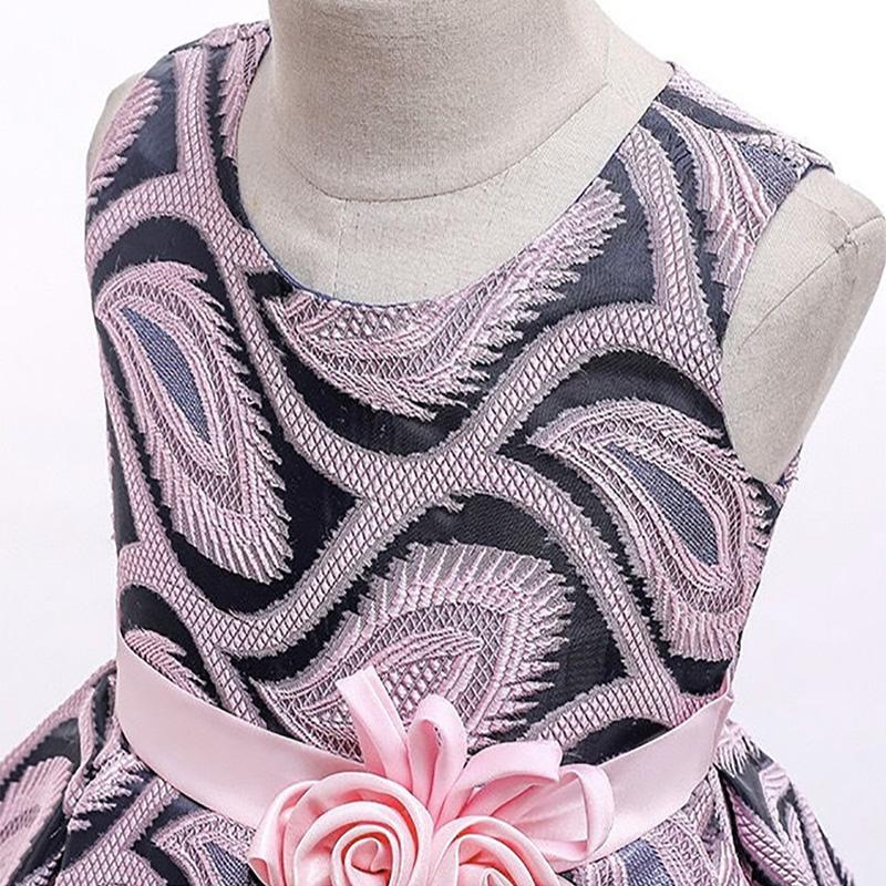Girls Summer Dress Princess Skirt with Flower Jacquard Fabric Sleeveless Lace Dress