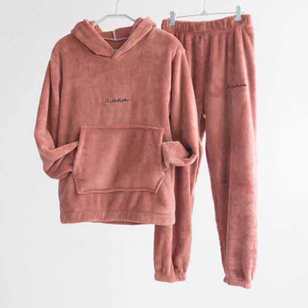 Winter Loose Home Wear Coral Fleece Double-sided Velvet Pajamas O-neck Long-sleeved Trousers Warm Pajamas Set