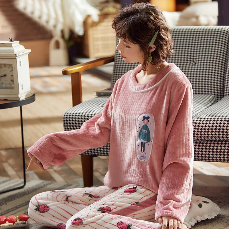Women's Pajamas Set Winter Pyjamas Suit Thick Warm Sleepwear Long Sleeve Pullover Nightwear Cute Coral Flannel Casual Loose Home Wear Tops Pants