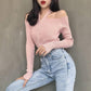 Pofulove Winter Off Shoulder Sweater Pullover V-neck Long Sleeve Knitted Streetwear  Top
