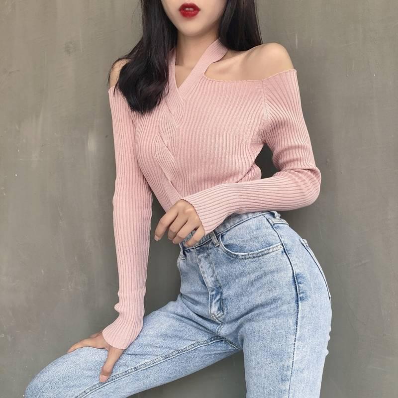 Pofulove Winter Off Shoulder Sweater Pullover V-neck Long Sleeve Knitted Streetwear  Top