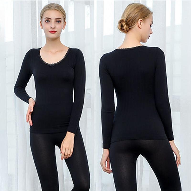 Women Winter Autumn Thermal Underwear Lace O-neck Female Tight Suit Thicken Windproof Comfortable Soft Lining Long Sleeve High Elasticity Tracksuit