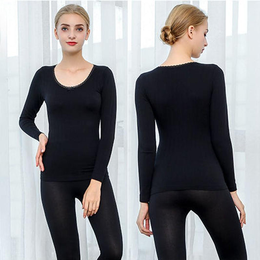 Women Winter Autumn Thermal Underwear Lace O-neck Female Tight Suit Thicken Windproof Comfortable Soft Lining Long Sleeve High Elasticity Tracksuit