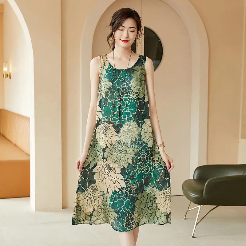 Women's Print Sleeveless Round Neck Dress Summer Loose Mid Length Skirt