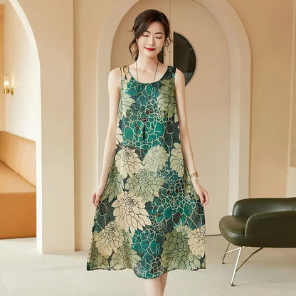 Women's Print Sleeveless Round Neck Dress Summer Loose Mid Length Skirt