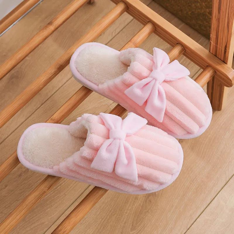 Autumn and Winter Pure Cotton Slippers with Bow Design, Fashionable Flat-bottomed Cotton Shoes, Indoor Casual Shoes