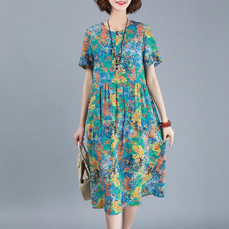 Women's Summer Short Sleeve Mid-Length Dress Floral Round Neck Large Size Loose A-Line Dress