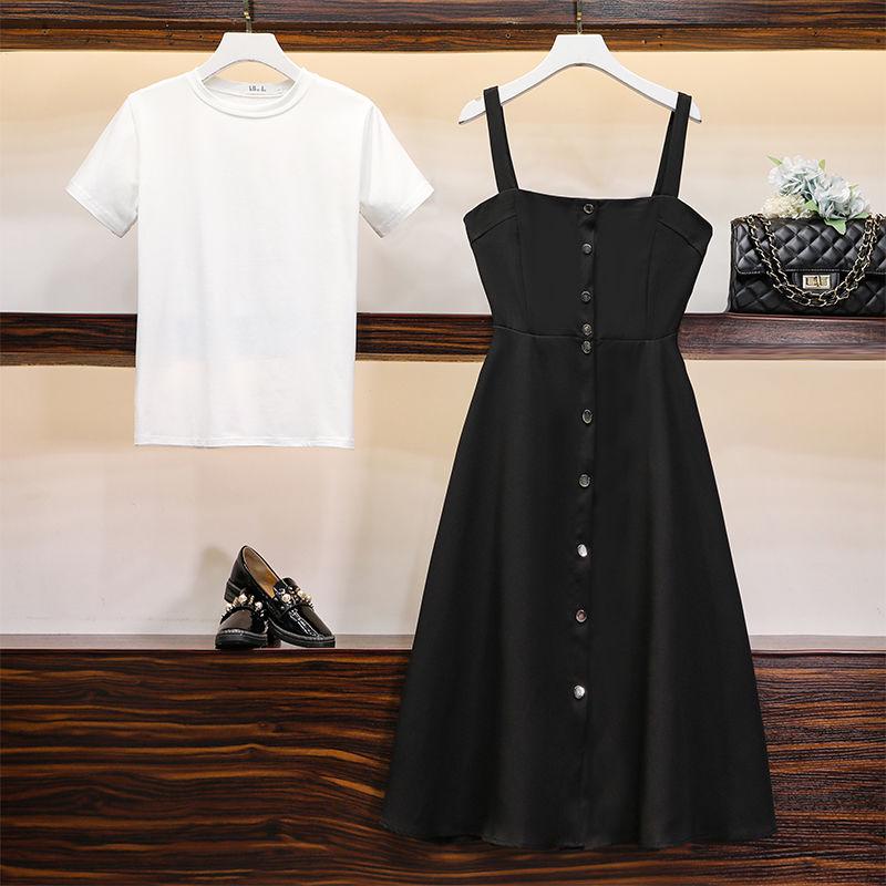 Womens Summer Dresses  Short-sleeved Shirt Top and Long  Strap Dress Two-piece Set Plus Size Outfits