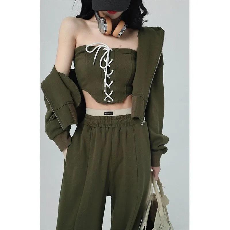 3PCS Women's Sports Street Adjustable Tube Top + Short Jacket + Loose Pants Three-piece Suit Ladies Long Sleeve Hooded Cardigan Jacket Suit