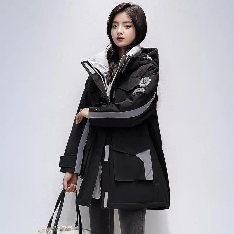 Down Jacket Women's Winter Mid-length Warm White Duck Down Cotton Clothing Tooling Parka Jacket Leisure Sports Outdoor Jacket Oversized Thick Coat