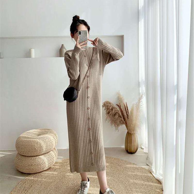 Long Sweater Over The Knee Retro Single-breasted Base Knitted Autumn and Winter Women's Dress