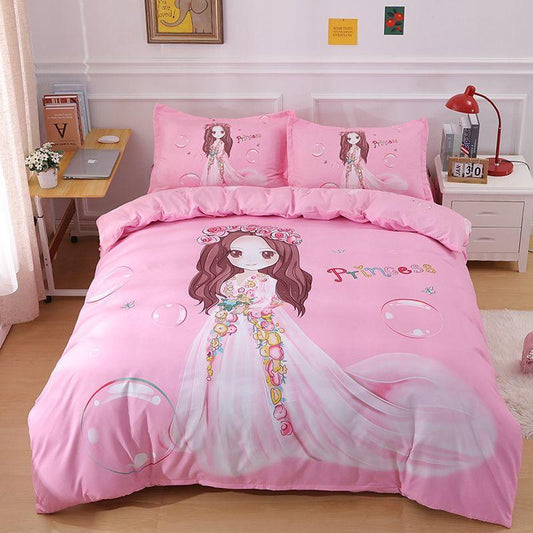 Cartoon Children's Big Version of The Flower Skin Four-piece Set Thick Grinding Princess Windbedding