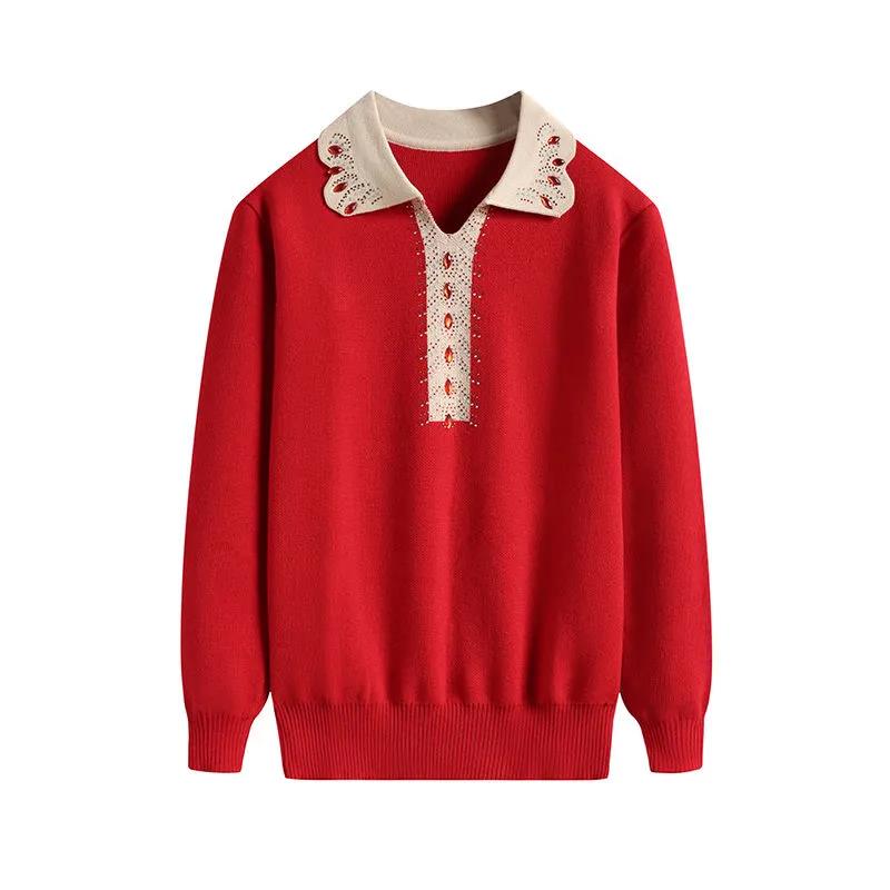 Women's Solid Color Fashion Lapel Pullover Sweater Diamond Print Loose Plus Size Long Sleeve Sweater