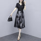 Spring Summer Women's Mesh Dress Fake Two Pieces Black Stitching Mid-length Dress Large Size Casual All-match V-neck