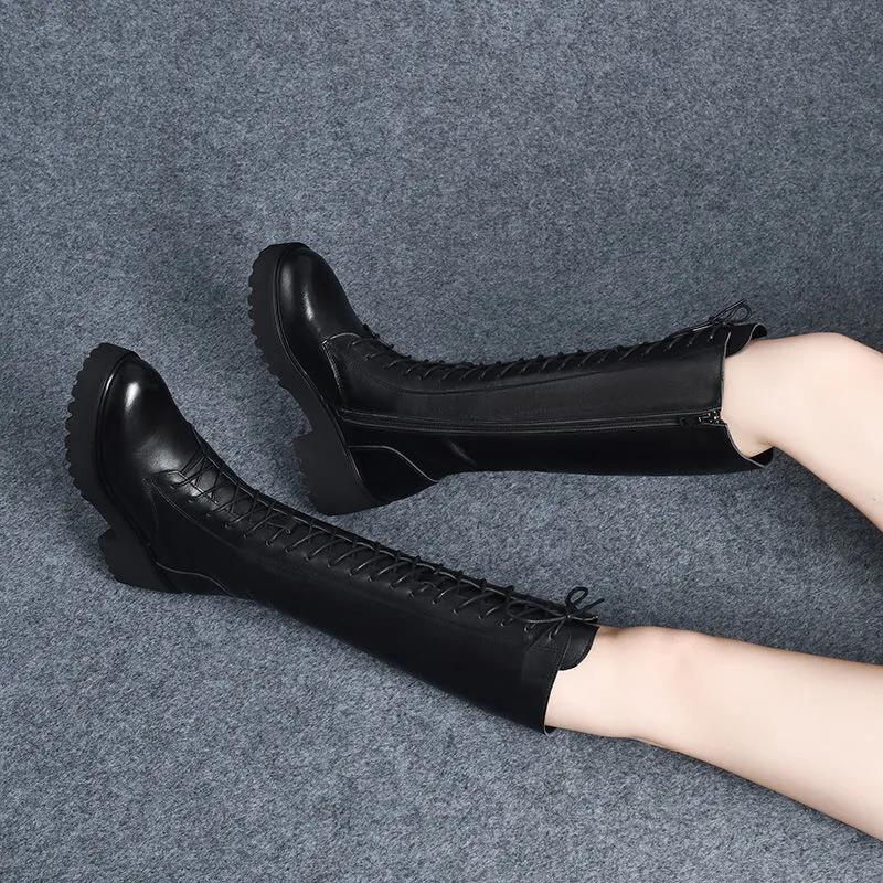Women's Soft Leather Warm Snow Boots Autumn and Winter Large Size Plush Thick-soled Long Martin Boots