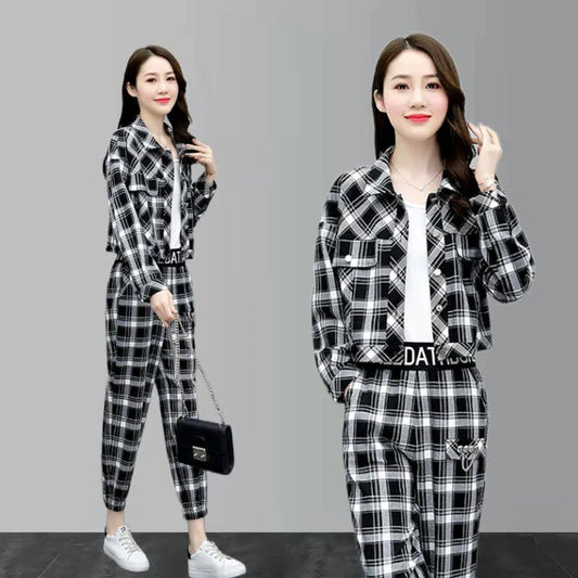 Women's 2-piece Workwear Plaid Suit Casual Harem Pants + Short Long Sleeve Jacket Loose and Comfortable Black and White Plaid