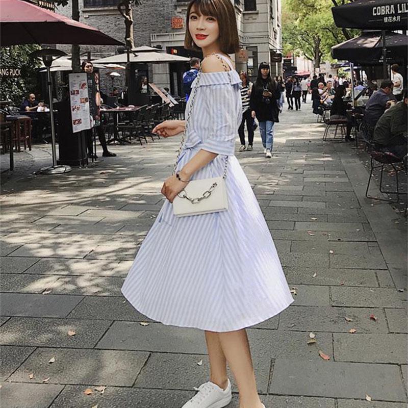 Pofulove Striped shirt dress summer women's midi loose off-shoulder pleated strap dress with belt