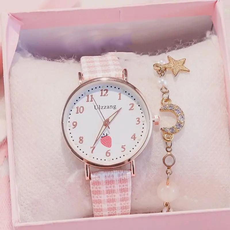 Women's All-match Cute Quartz Watches Strawberry Luminous Watches Plaid Fabric Strap Student Wrist Watches
