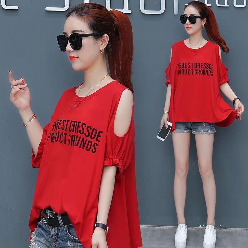 Short-sleeved T-shirt Women Loose Large Size Women's Off-the-shoulder Top Half-sleeved T-shirt Off-the-shoulder Round Neck Loose Casual Ladies T-shirt