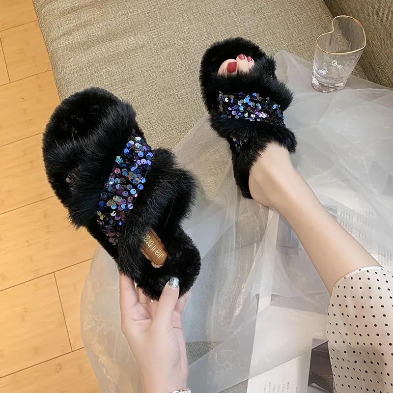 Ladies Cotton Slippers Shiny Flat Shoes Autumn and Winter Warmth Fluffy Casual Fashion